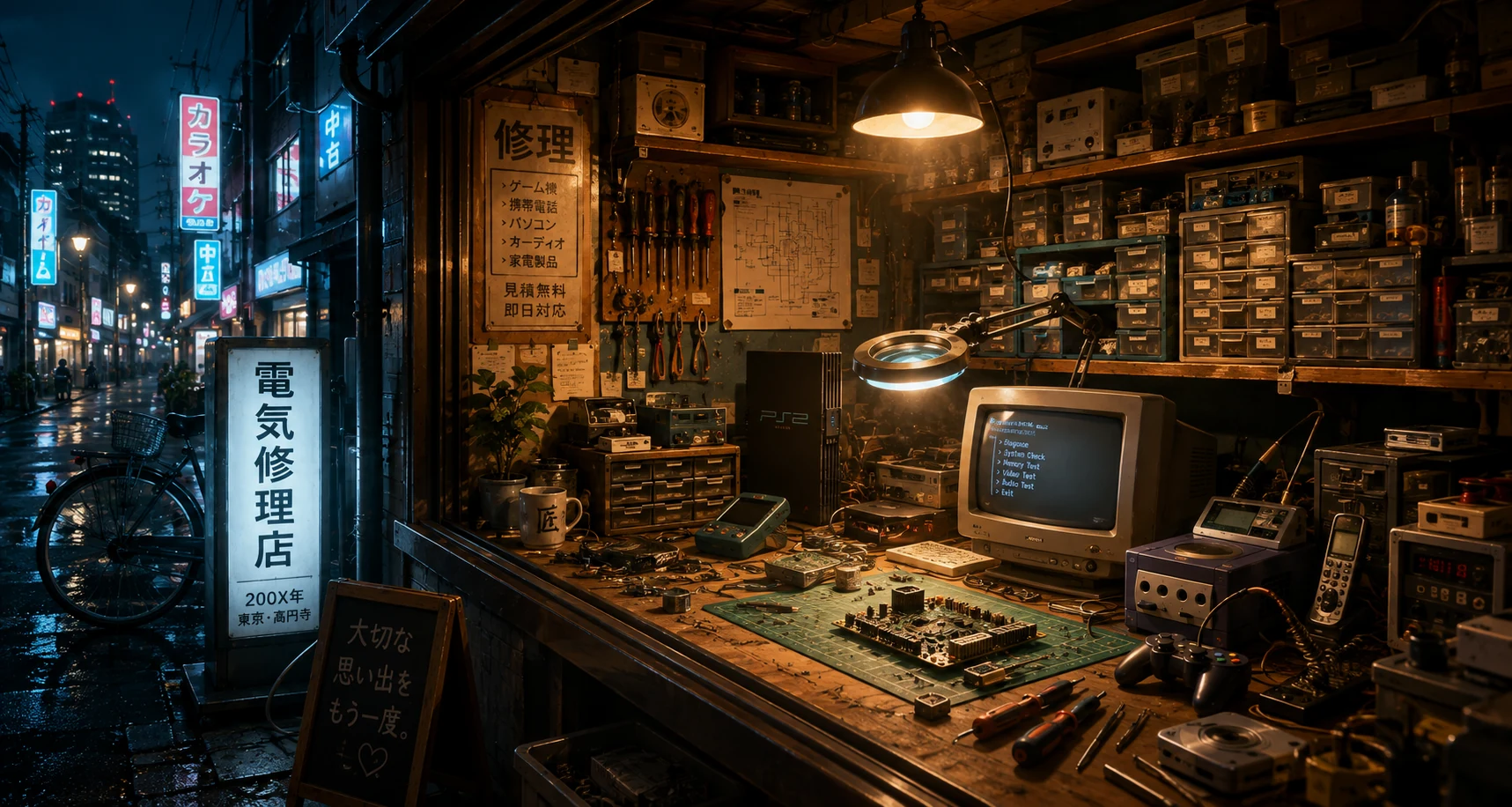 Retro electronics repair shop with consoles, tools and circuit boards